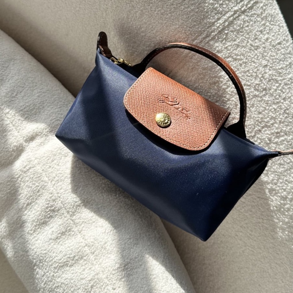 Longchamp mini le pliage Elegant Navy Tan Women's Bag purse tote crossbody - Picture 1 of 6